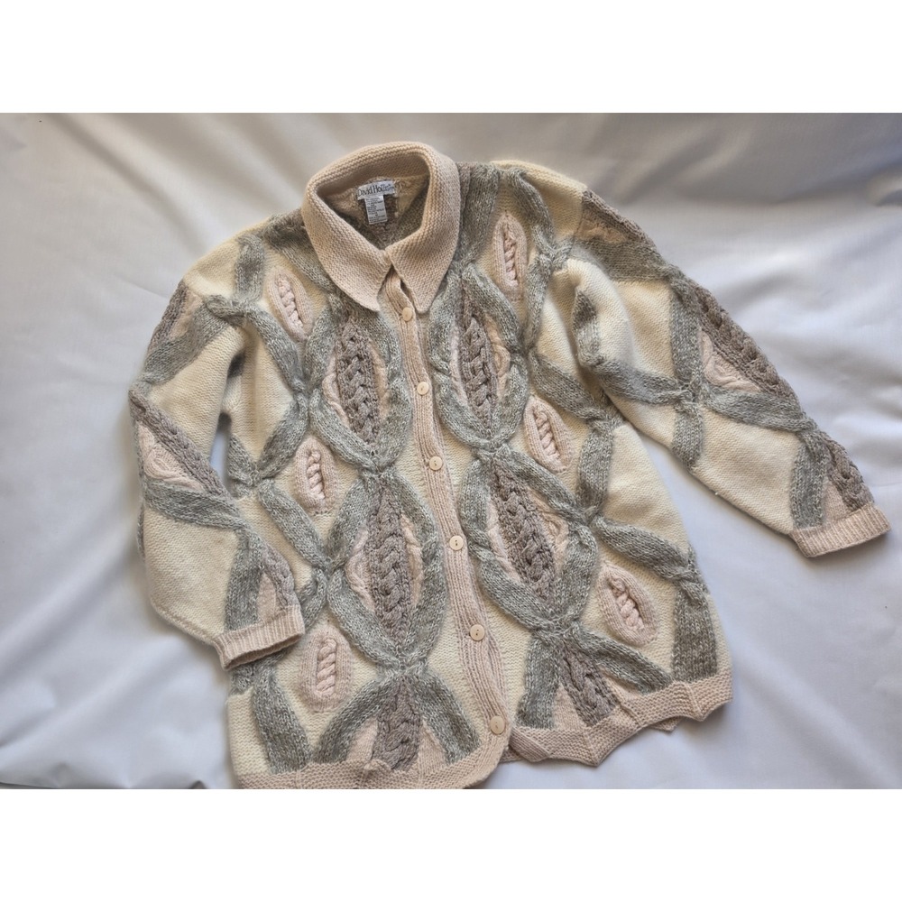 Vintage David Hollis Lambswool Mohair Cable Knit Cardigan Sweater Women M 80s